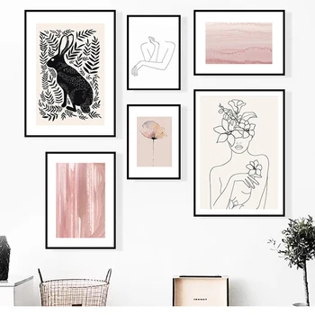 Abstrakt Ružová Wall Art Print Ženskú Tvár Line Maľovanie Boho Plagát, Obraz, Nordic Plagáty A Vytlačí Obývacia Izba Domáce Dekorácie