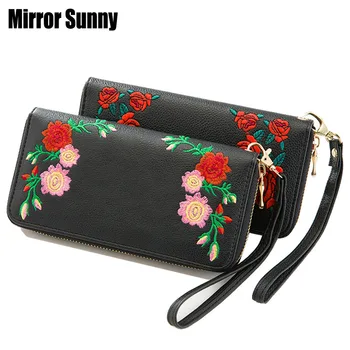 MS-0003 Nové lichee PU výšivky ženy dlho peňaženka na zips peňaženka red rose flower design ženy peňaženky wristlet kabelku carteira